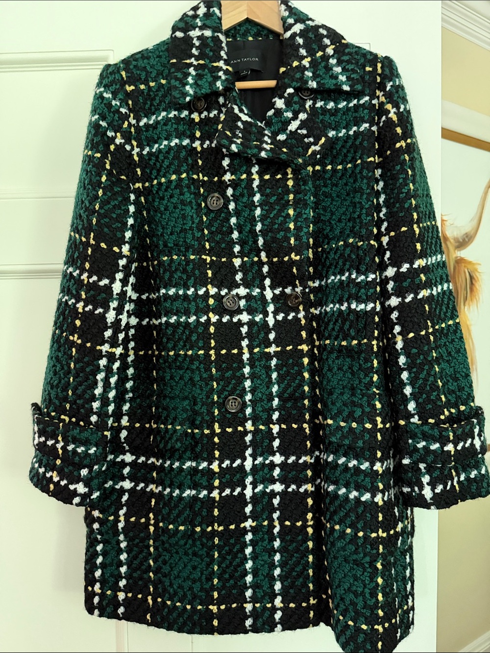 Ann Taylor Dark Green Plaid Double-Breasted Pea Coat